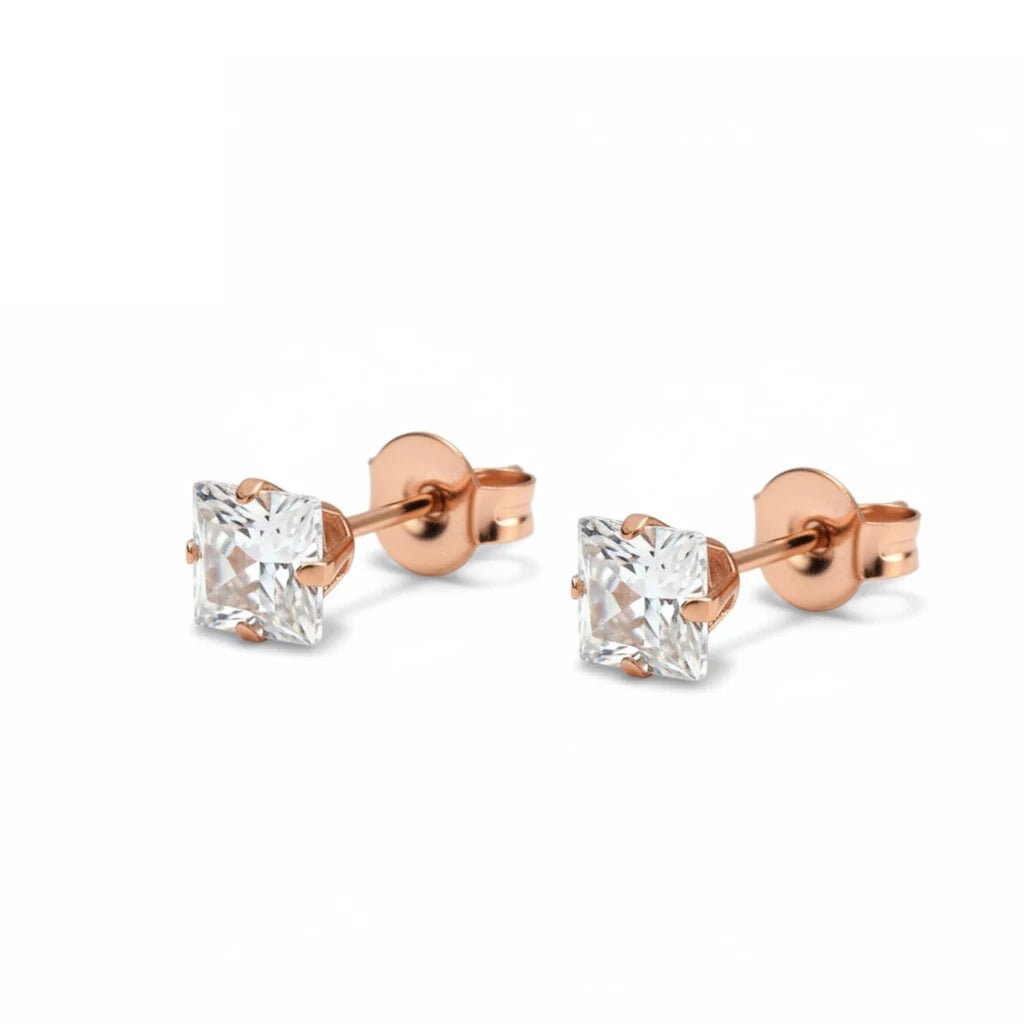 Oorbellen – RVS Roségoudkleur met Vierkante Zirkonia (5mm) - Aramat Jewels - Oorbellen - cadeautip