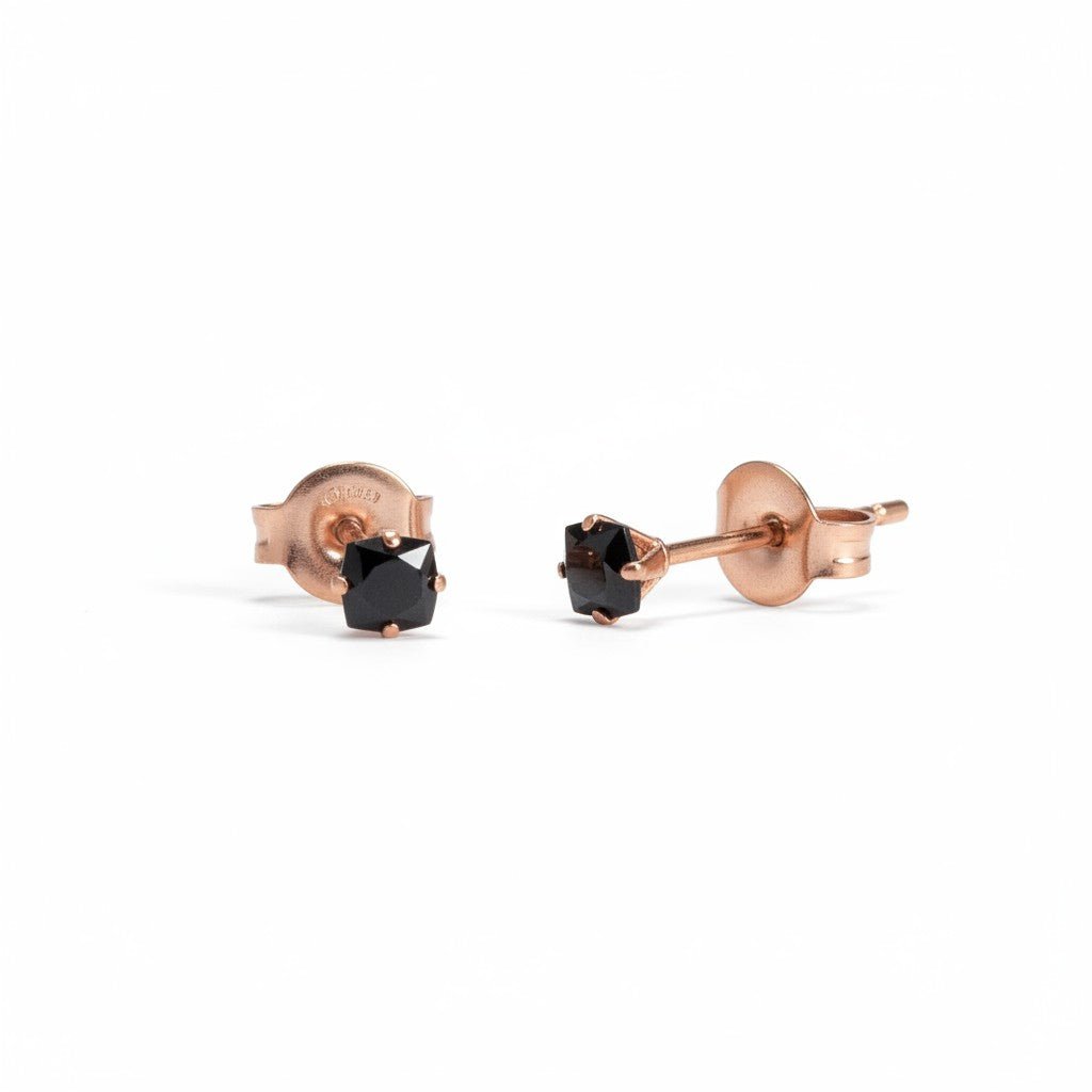 Oorbellen – RVS Roségoudkleur met Zwarte Vierkante Zirkonia (3mm) - Aramat Jewels - Oorbellen - cadeautip
