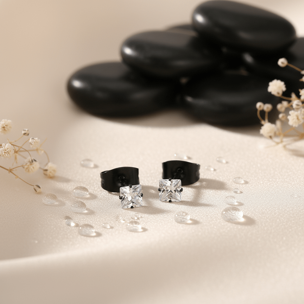 Oorbellen – RVS Zwartkleur met Vierkante Zirkonia (3mm) - Aramat Jewels - Oorbellen - cadeautip