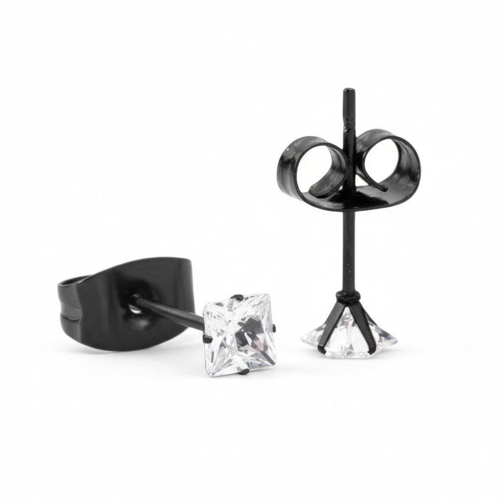 Oorbellen – RVS Zwartkleur met Vierkante Zirkonia (3mm) - Aramat Jewels - Oorbellen - cadeautip