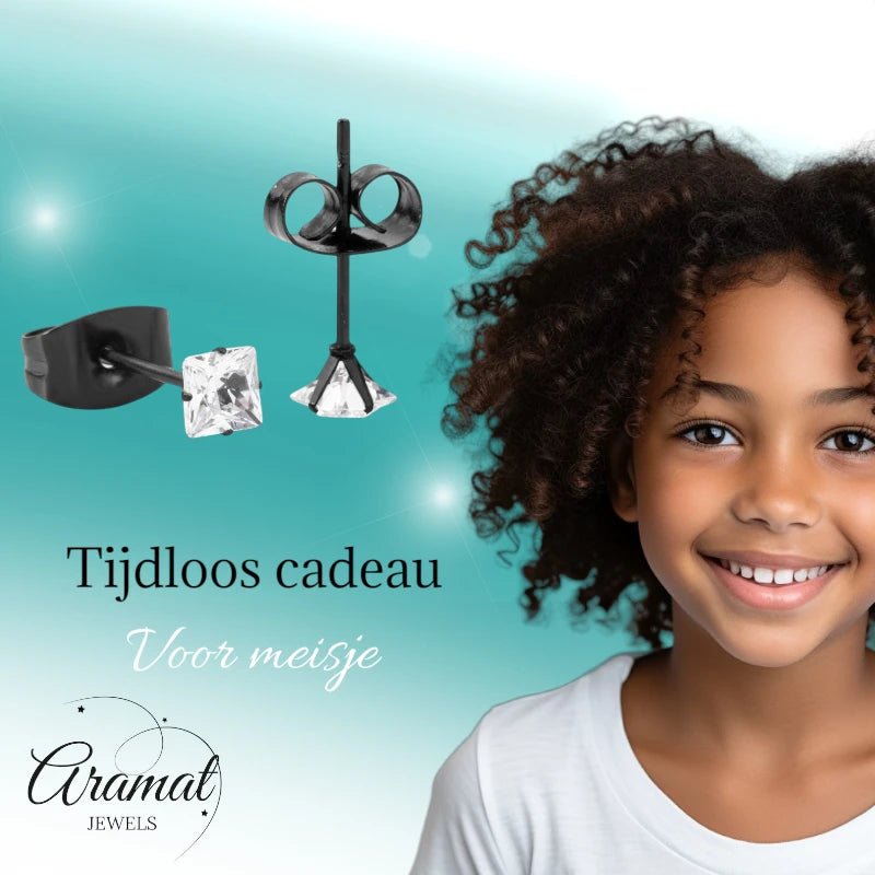 Oorbellen – RVS Zwartkleur met Vierkante Zirkonia (3mm) - Aramat Jewels - Oorbellen - cadeautip