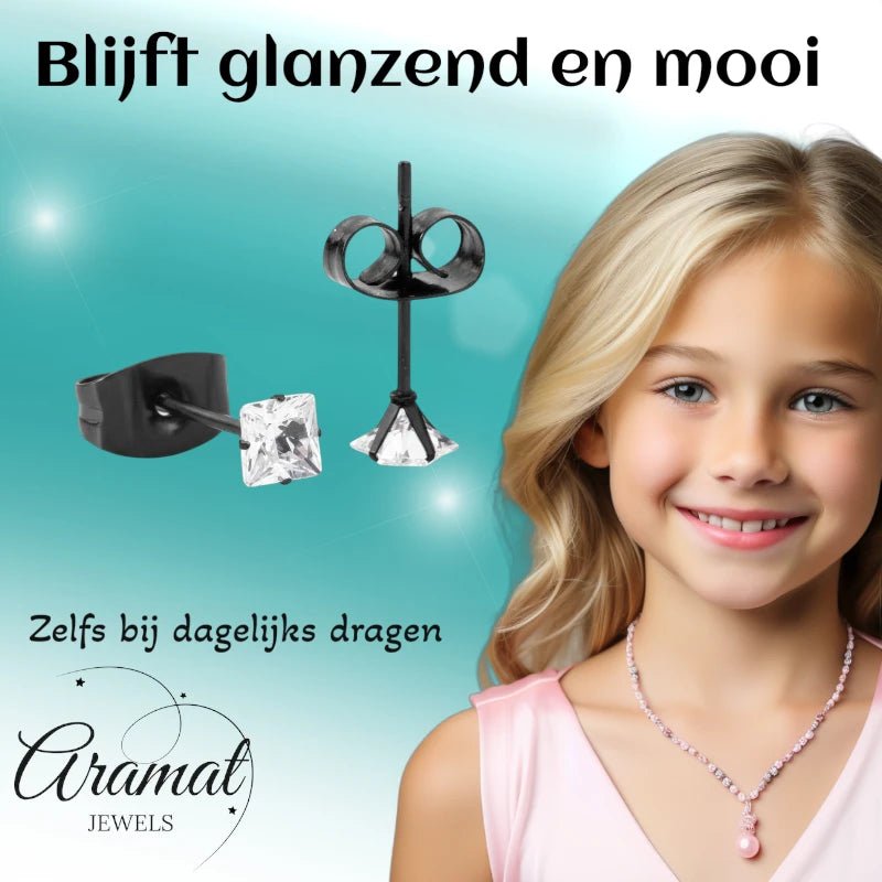 Oorbellen – RVS Zwartkleur met Vierkante Zirkonia (3mm) - Aramat Jewels - Oorbellen - cadeautip