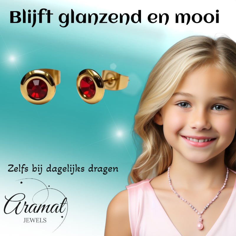 Oorbellen – Staal Rode Kristal Goudkleurig (8mm) - Aramat Jewels - Oorbellen - cadeautip
