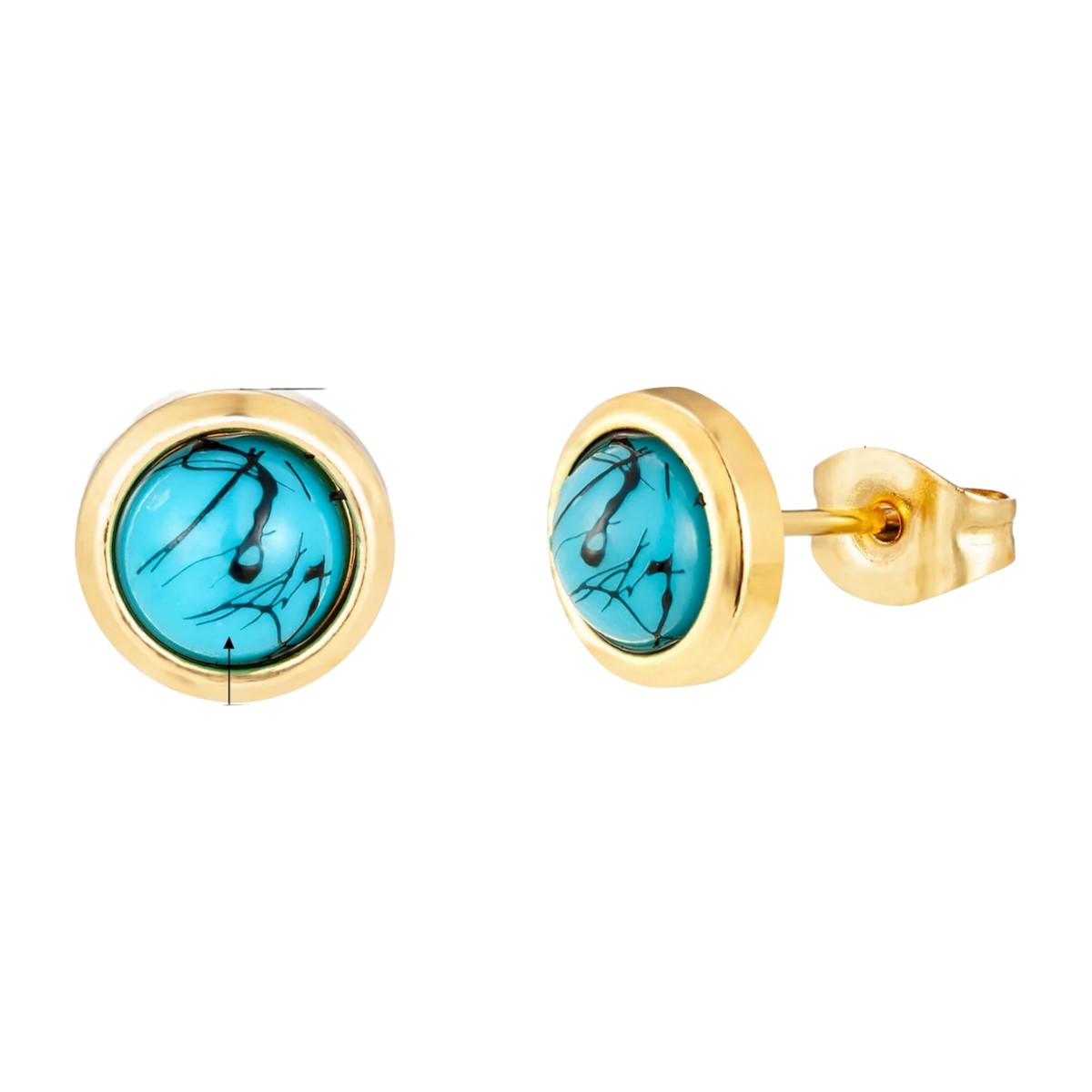 Stalen Oorbellen Met Gemarmerde Blauwe Steen - Gouden Studs Met Ronde Turquoise Edelstenen