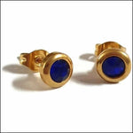 Elegante Stalen Ronde Oorbellen Met Gouden En Blauwe Stenen.