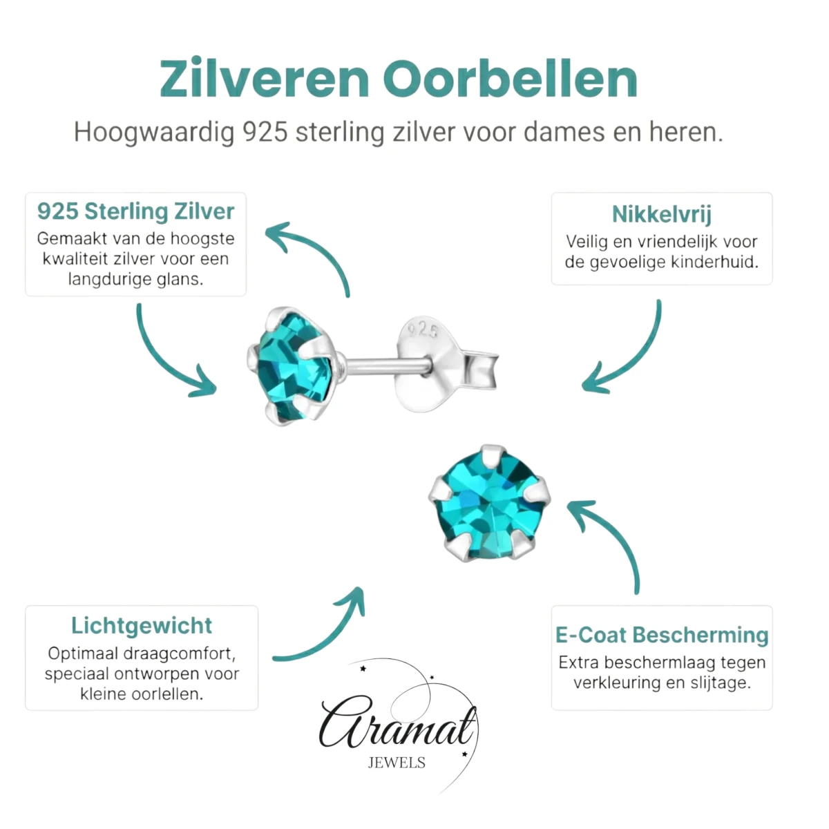 Oorbellen – Zilver Zirkonia Zee Groen (5mm) - Aramat Jewels - Oorbellen - cadeautip
