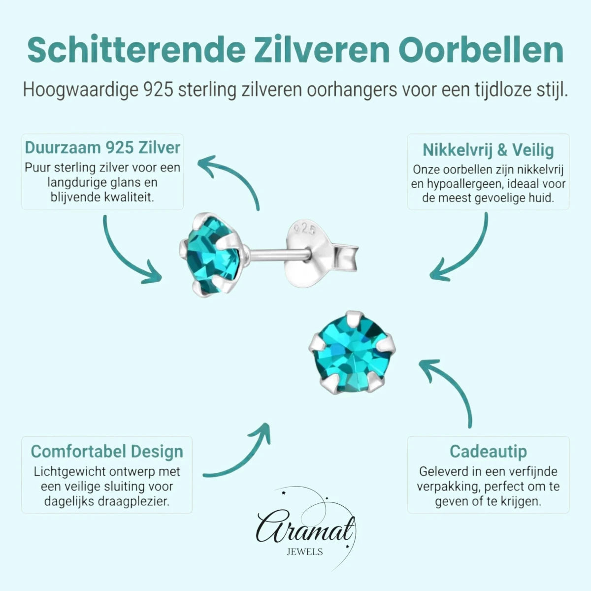 Oorbellen – Zilver Zirkonia Zee Groen (5mm) - Aramat Jewels - Oorbellen - cadeautip