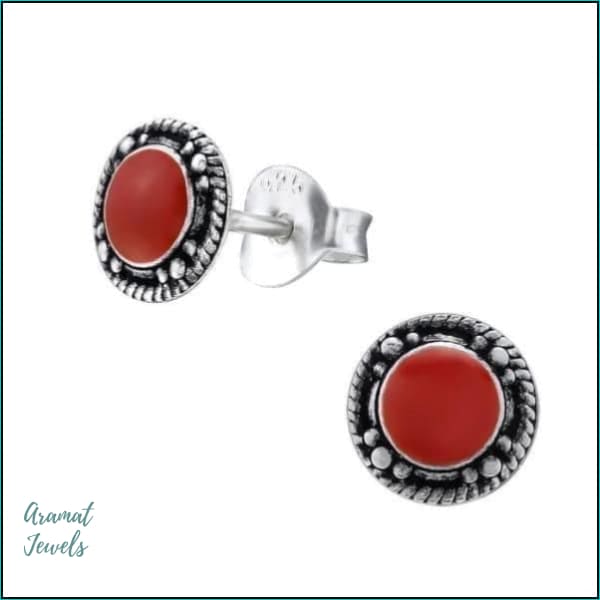 Zilveren Bali Oorknopjes Rond Emaille Rood/7mm | Oorbellen