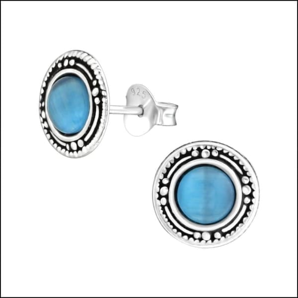 Zilveren Bali Oorknopjes Rond Cats Eye Blauw-9mm | Oorbellen