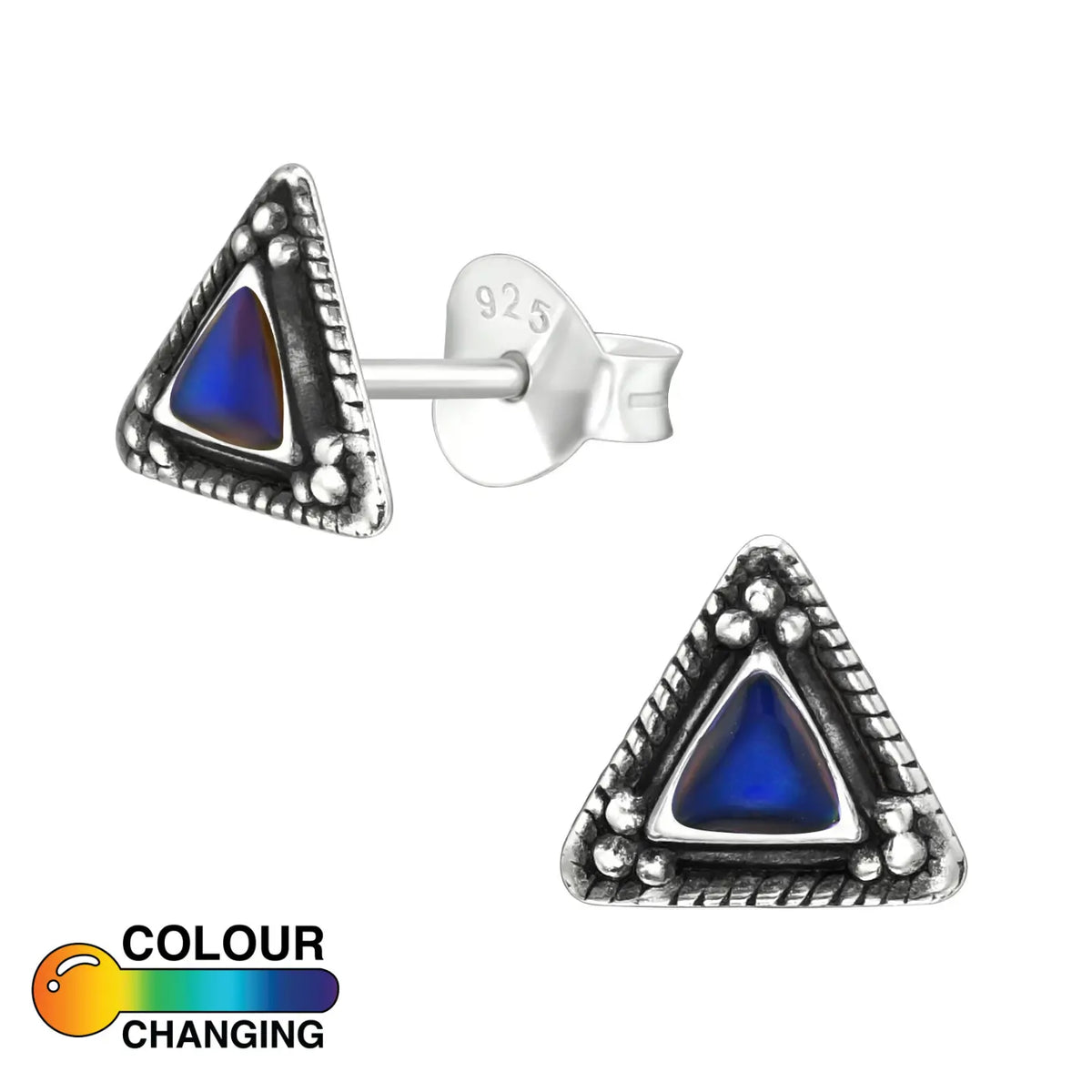 Zilveren Mood Oorbellen Met Blauw Glas En Driehoekige Studs