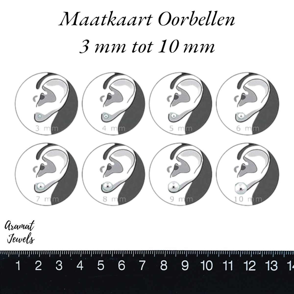 Maattabel Voor Vierkante Oorbellen Met Transparante Zirkonia Van 3mm Tot 10mm In Diameter