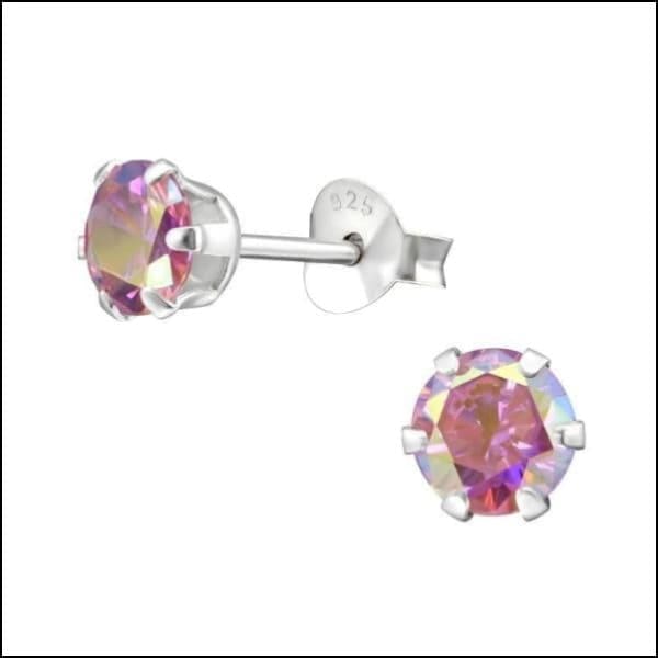 Roze Kristal Zilveren Zirkonia Oorbellen Met Rond Design.