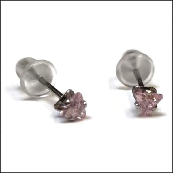 Zweerknopjes Zirkonia Oorbellen Driehoek Zilverkleurig / 3 Mm / Roze