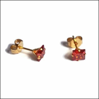 Gouden Oorbellen Met Rode Kristallen Van Zirkonia Zweerknopjes Vierkant