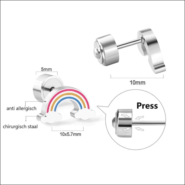 Een close-up van een paar roestvrijstalen oorstekers met regenbogen