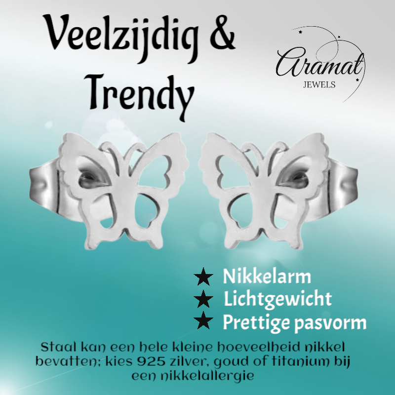 Zilverkleurige stalen vlinder oorbellen 9mm