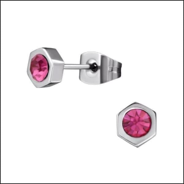 Stalen Zeshoek Oorbellen Kristal Zilverkleur / 5mm / Donker Roze