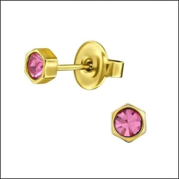 Stalen Zeshoek Oorbellen Kristal Goudkleur / 4mm / Roze