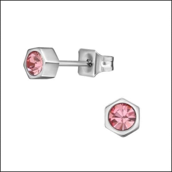 Zilveren Roze Kristallen Stud Oorbellen - Zeshoek Oorbellen Kristal - Aramat Jewels®