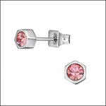 Stalen Zeshoek Oorbellen Kristal Zilverkleur / 4mm / Roze