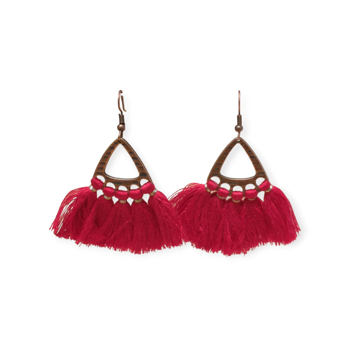 Boho oorhangers met kwastjes, 55x30mm, in rood met bronzen metalen frame