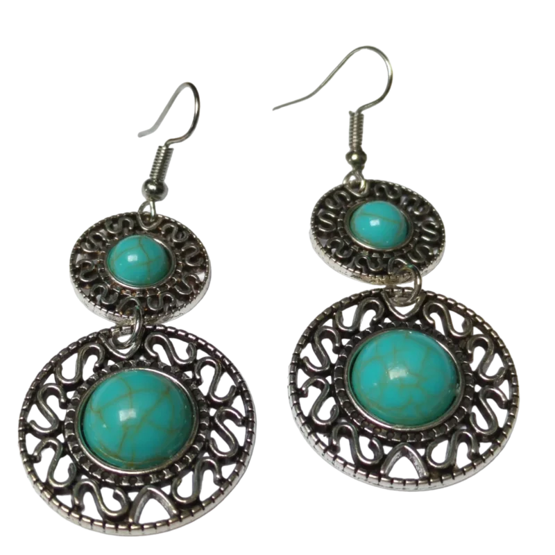 Boho Oorhangers Met Gemarmerde Turquoise Steen, Stijlvolle Unieke Sieraden