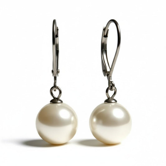 Oorhangers – RVS met Ronde Witte Parel (27mm) - Aramat Jewels - Oorhangers - cadeautip