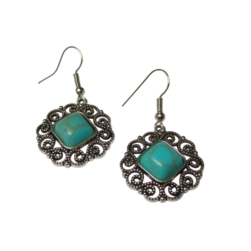 Turquoise Vierkante Boho Oorhangers Met Filigraan – Aramat Jewels®