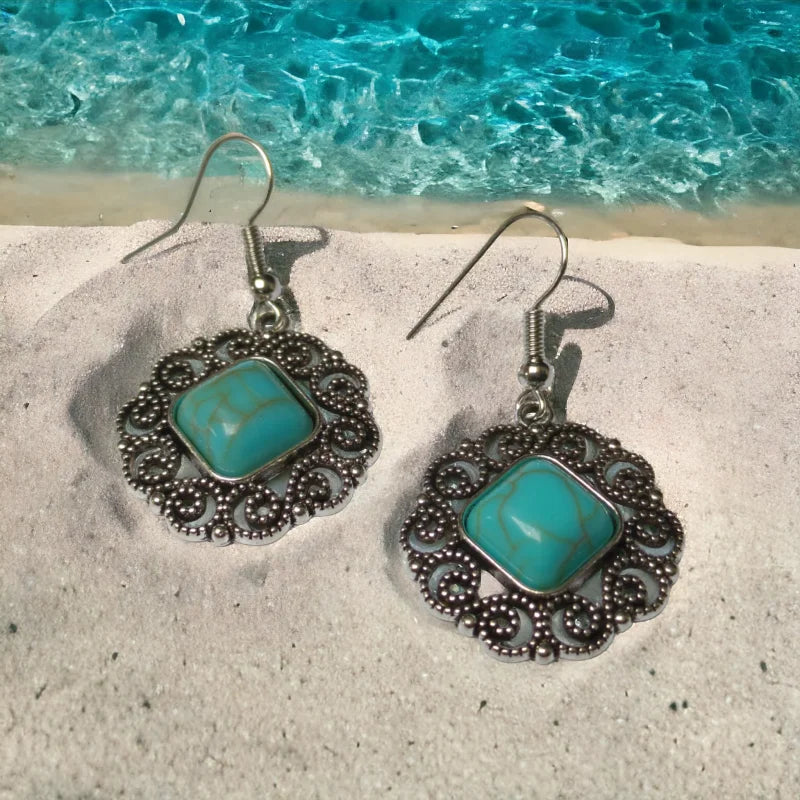 Turquoise Vierkante Boho Oorhangers - Aramat Jewels®, Zilver En Turquoise Stenen