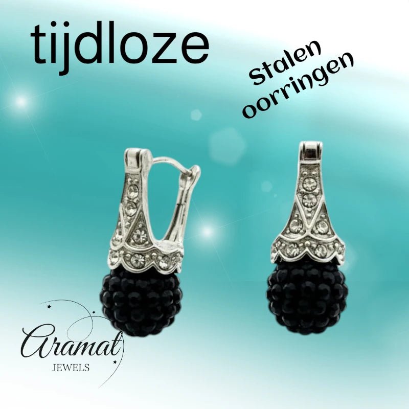 Oorhangers – Zwarte Kristal Bol met Transparante Kristallen RVS Dames - Aramat Jewels - Oorbellen - cadeautip