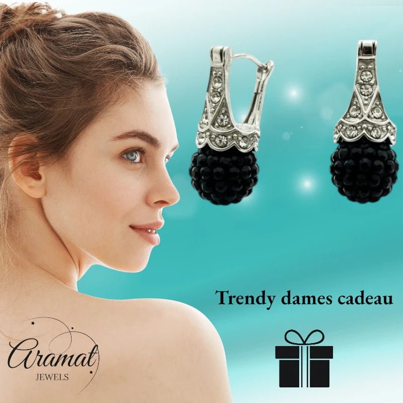 Oorhangers – Zwarte Kristal Bol met Transparante Kristallen RVS Dames - Aramat Jewels - Oorbellen - cadeautip