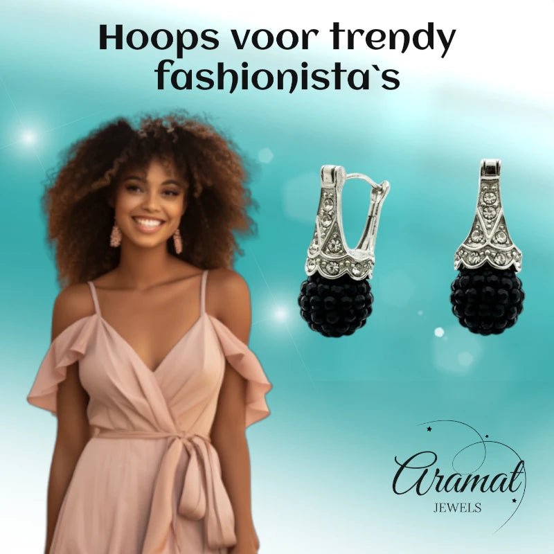 Oorhangers – Zwarte Kristal Bol met Transparante Kristallen RVS Dames - Aramat Jewels - Oorbellen - cadeautip