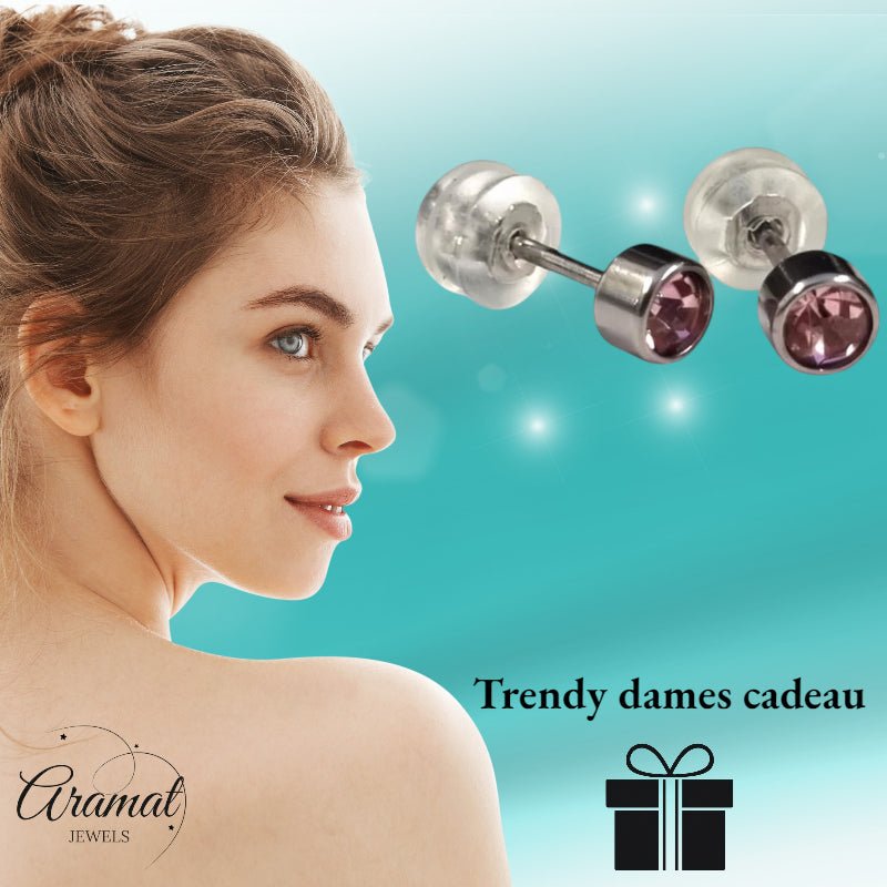 Oorknopjes – RVS 4mm met Roze Zirkonia - Aramat Jewels - Oorbellen - cadeautip