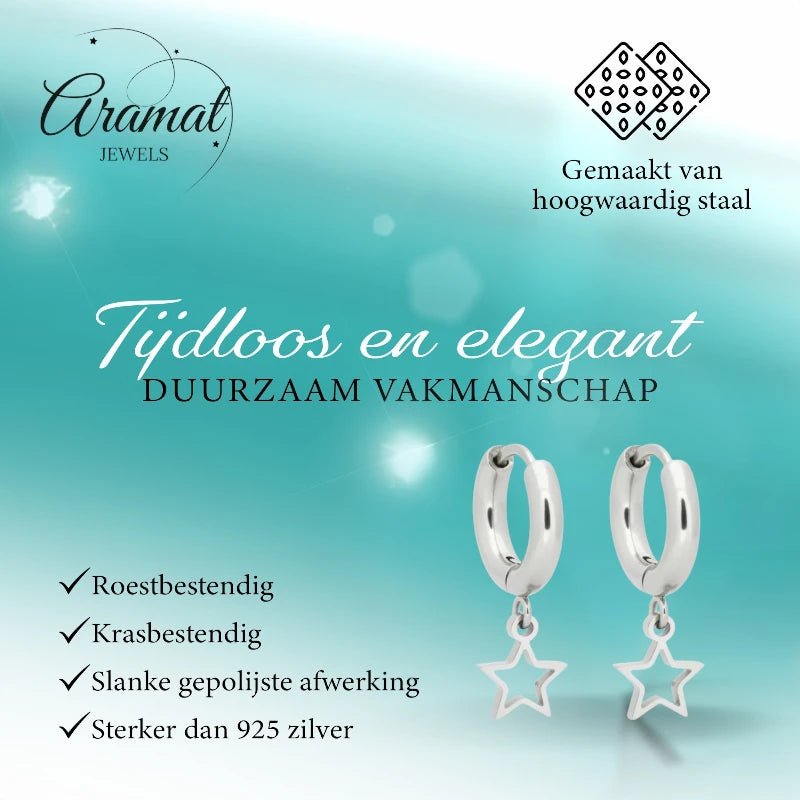 Oorringen – 10mm Mini Creolen met Open Ster Bedel RVS Zilverkleur Unisex - Aramat Jewels - Oorringen - cadeautip