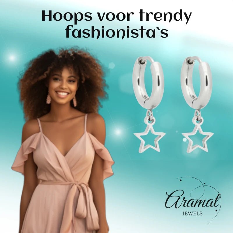 Oorringen – 10mm Mini Creolen met Open Ster Bedel RVS Zilverkleur Unisex - Aramat Jewels - Oorringen - cadeautip