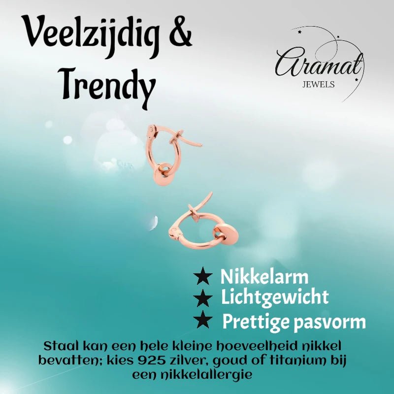 Oorringen – 10mm Mini Creolen met Rond Muntje RVS Rosékleur Dames - Aramat Jewels - Oorringen - cadeautip