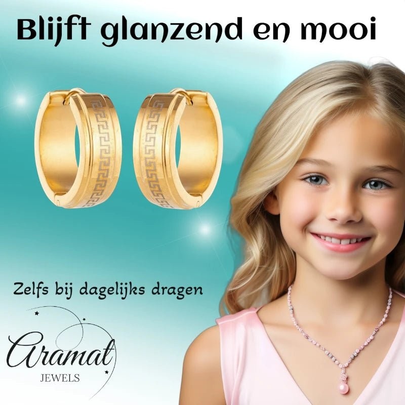 Oorringen – 13mm Mini Creool Grieks Motief RVS Goudkleur Unisex - Aramat Jewels - Oorringen - cadeautip