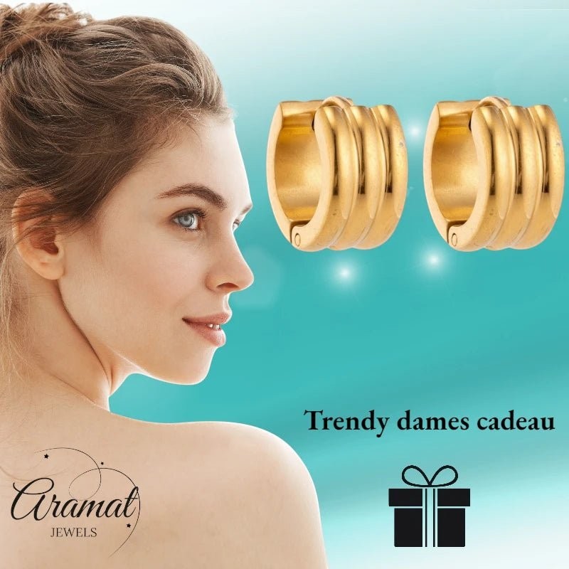 Oorringen – 13mm Mini Creool Streepdesign RVS Goudkleur Unisex - Aramat Jewels - Oorringen - cadeautip
