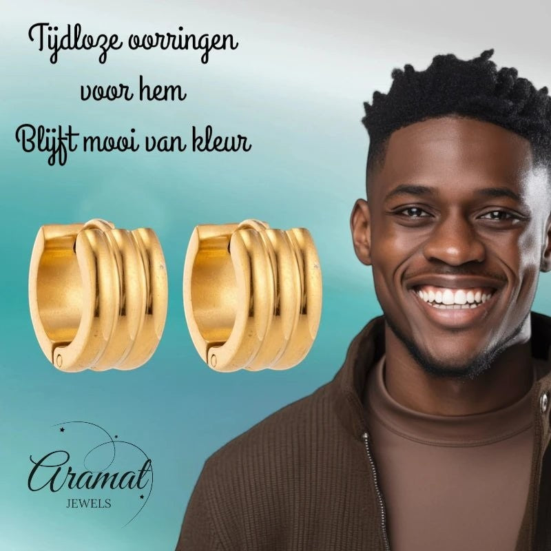 Oorringen – 13mm Mini Creool Streepdesign RVS Goudkleur Unisex - Aramat Jewels - Oorringen - cadeautip