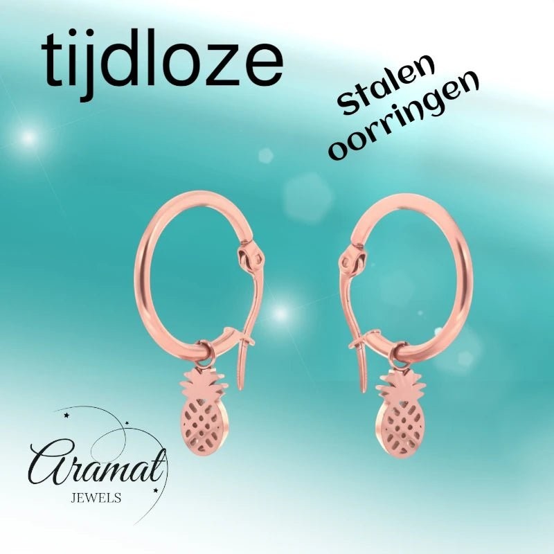 Oorringen – 16mm Creolen met Ananas Bedel RVS Rosékleur Dames - Aramat Jewels - Oorringen - cadeautip