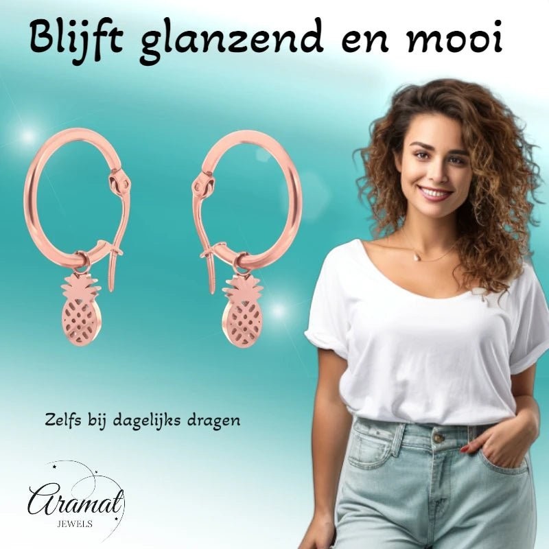 Oorringen – 16mm Creolen met Ananas Bedel RVS Rosékleur Dames - Aramat Jewels - Oorringen - cadeautip