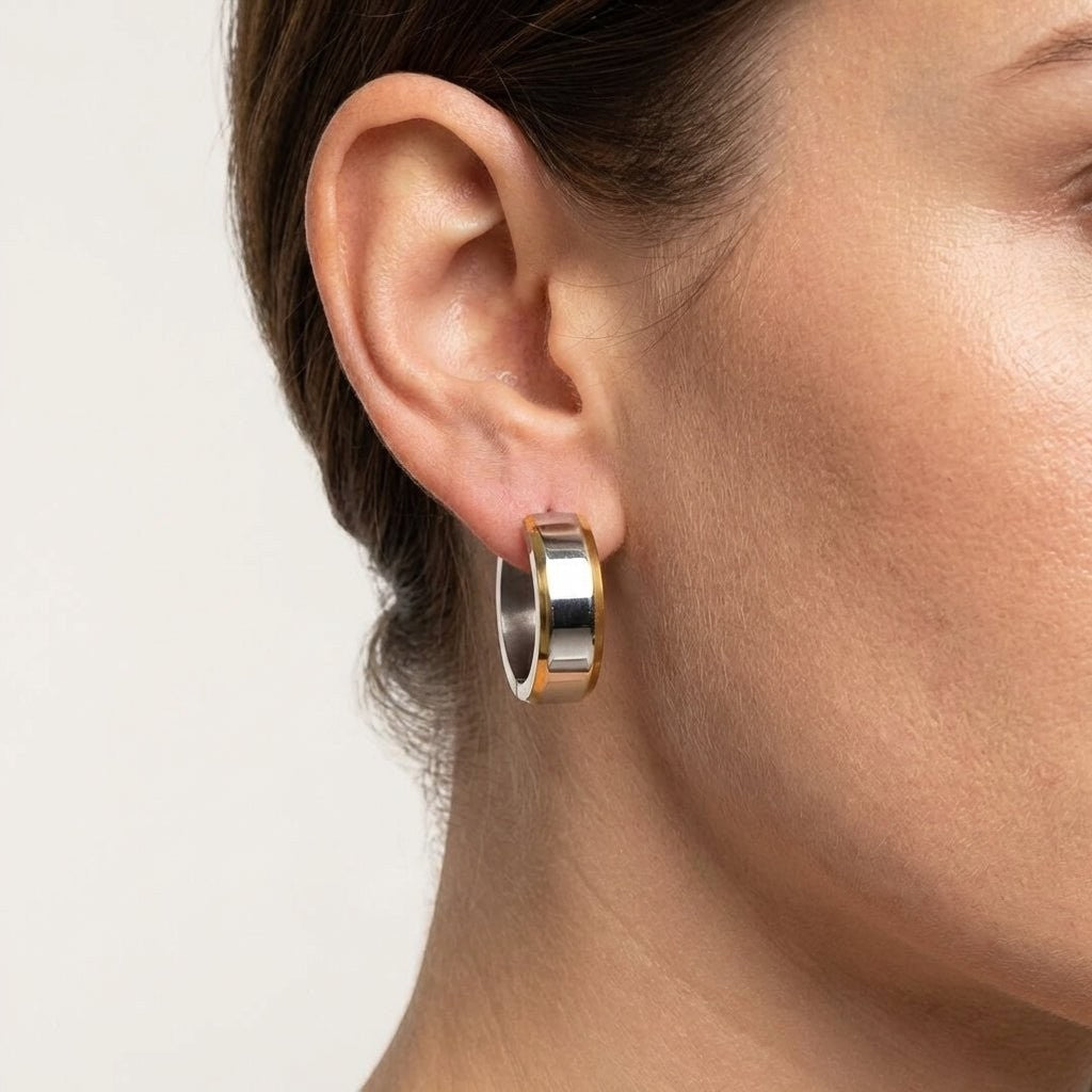 Oorringen – 20mm Bicolor Streep RVS Zilver/Goudkleur Unisex - Aramat Jewels - Oorringen - cadeautip