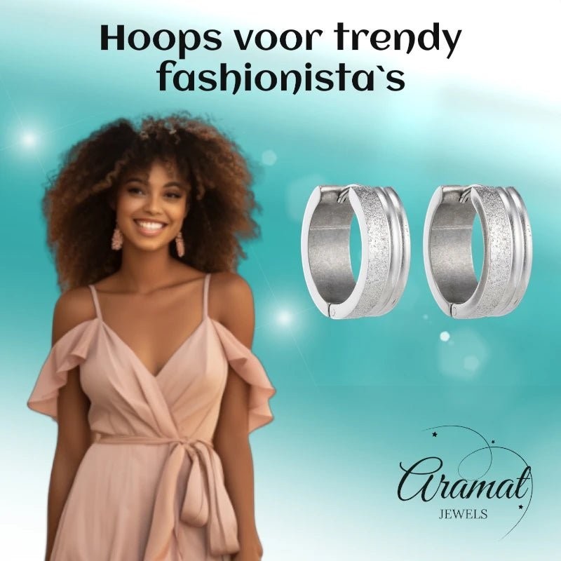 Oorringen – 20mm Creolen Duo Afwerking SandblastedGlans RVS Zilverkleur Unisex - Aramat Jewels - Oorringen - cadeautip