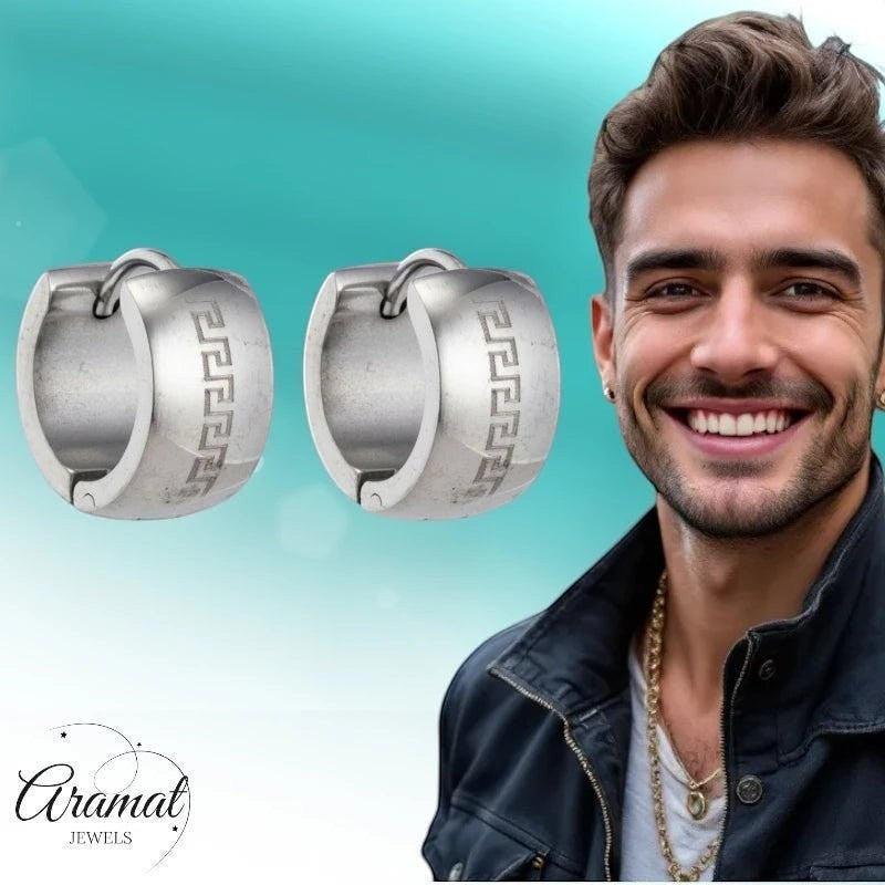 Oorringen – 20mm Creolen Grieks Motief Gelaserd RVS Zilverkleur Unisex - Aramat Jewels - Oorringen - cadeautip