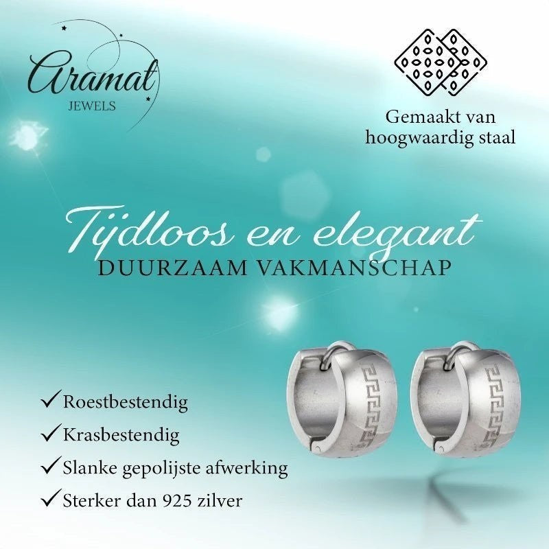 Oorringen – 20mm Creolen Grieks Motief Gelaserd RVS Zilverkleur Unisex - Aramat Jewels - Oorringen - cadeautip