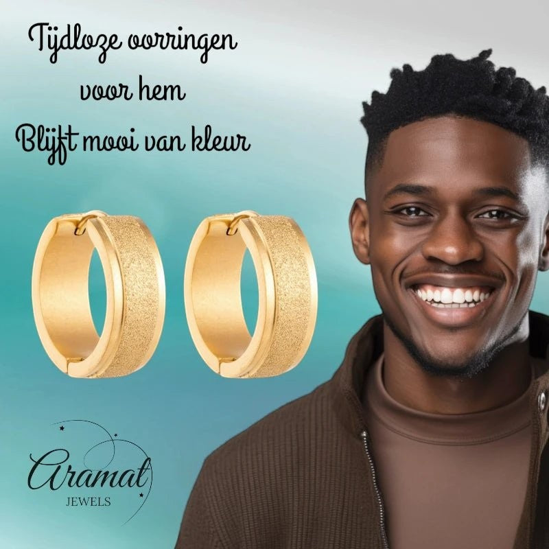 Oorringen – 20mm Creolen Sandblasted Lijn RVS Goudkleur Unisex - Aramat Jewels - Oorringen - cadeautip