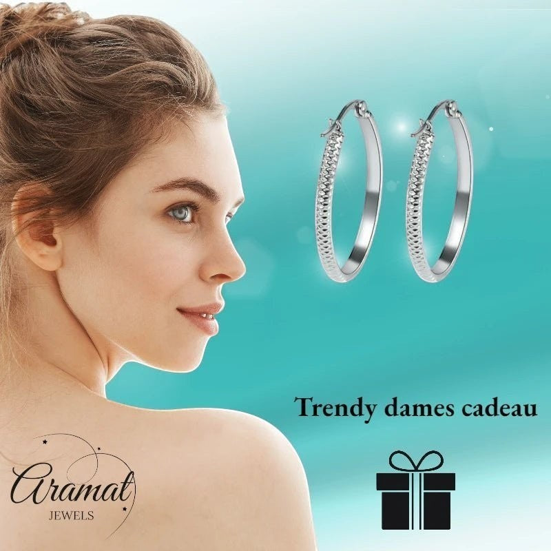 Oorringen – 20mm Creool Puntjes Patroon RVS Zilverkleur Dames - Aramat Jewels - Oorringen - cadeautip