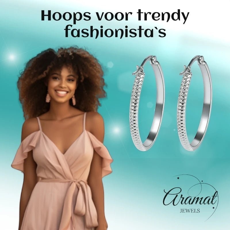 Oorringen – 20mm Creool Puntjes Patroon RVS Zilverkleur Dames - Aramat Jewels - Oorringen - cadeautip