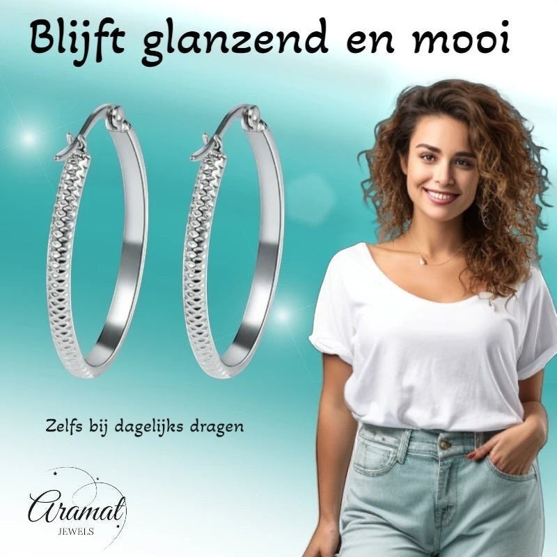Oorringen – 20mm Creool Puntjes Patroon RVS Zilverkleur Dames - Aramat Jewels - Oorringen - cadeautip