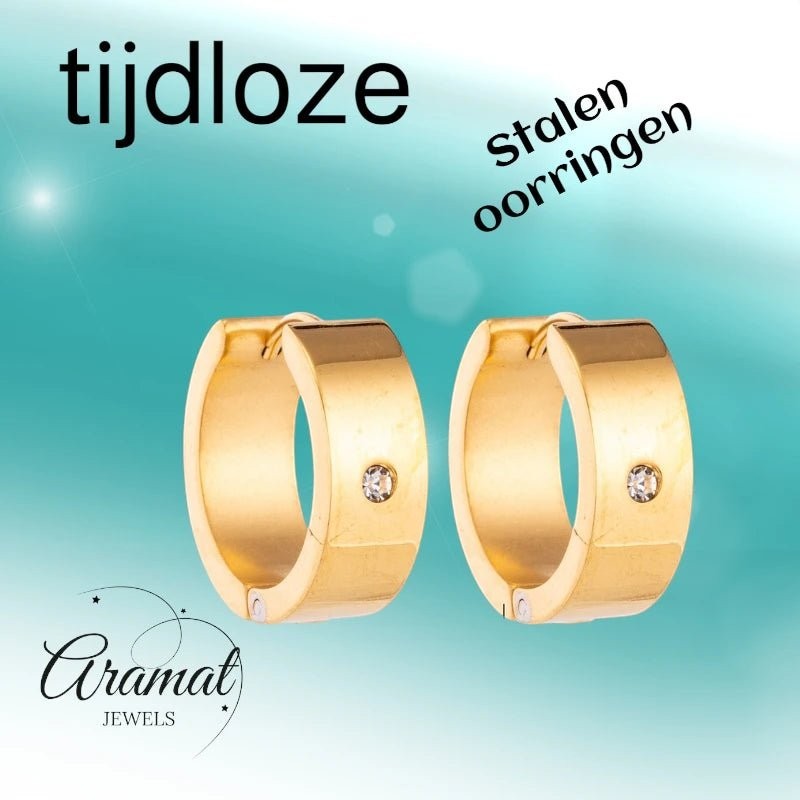 Oorringen – 20mm Glanzende Huggie Creool met Zirkonia RVS Goudkleur - Aramat Jewels - Oorringen - cadeautip